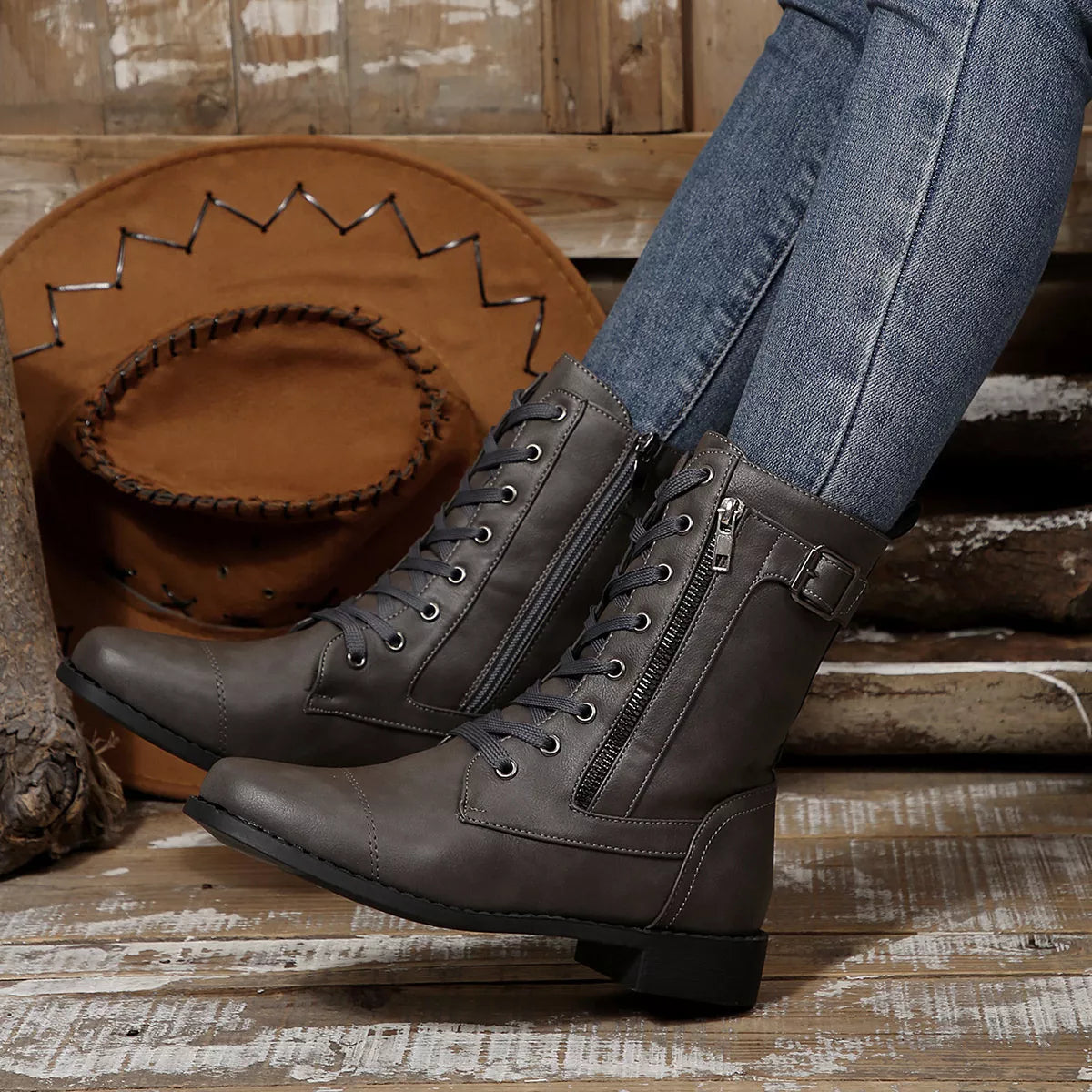 Round Toe Block Heels Boots Brown / 36 