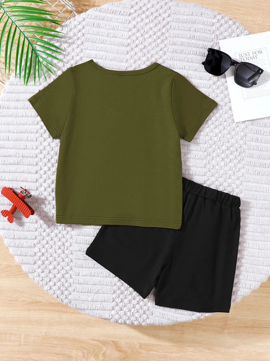 Children's Color Block Short Sleeve Top and Shorts Set Army Green / 4Y 