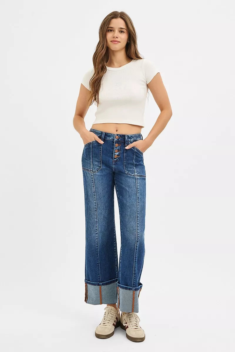 RISEN Full Size High Rise Crop Wide Straight Cuffed Jeans Plus Size DARK / 0 