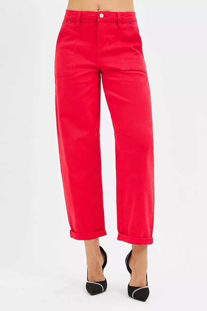 RISEN High Rise Ankle Cuffed Barrel Pants SCARLET / 0 