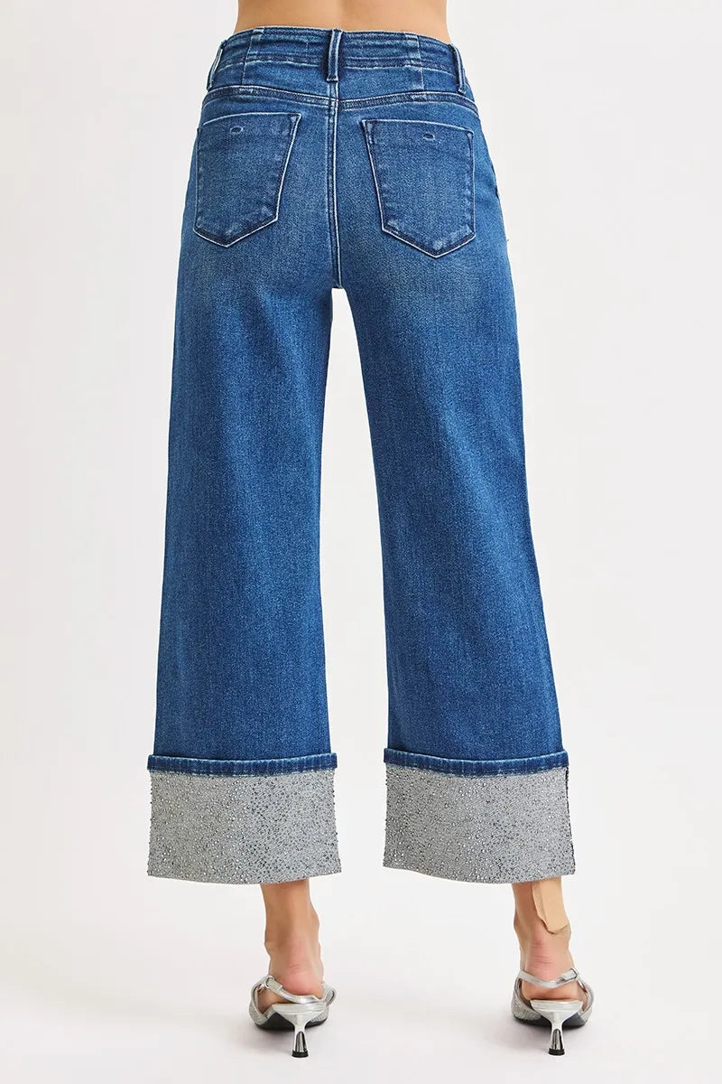 RISEN High Rise Ankle Wide Rhine Stone Cuffed Jeans DARK / 0 
