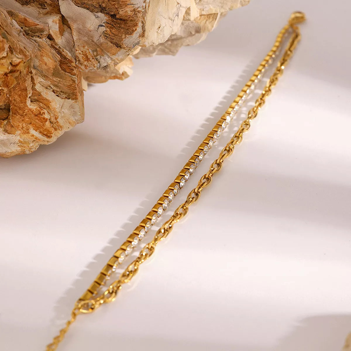 18K Gold-Plated Rhinestone Double Layered Bracelet Gold / One Size 