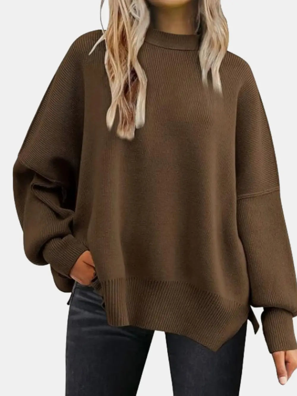 Round Neck Drop Shoulder Slit Sweater Sage / S 