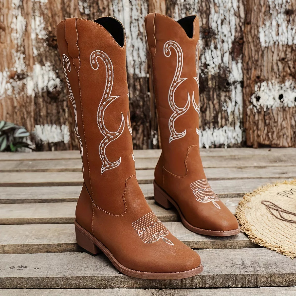 Embroidered Round Toe Block Heels Boots Dark Brown / 36 