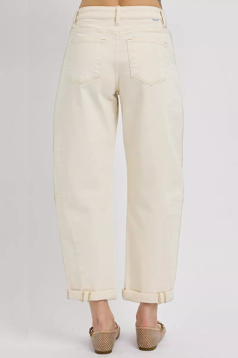 RISEN High Rise Relaxed Barrel Cuffed Jeans IVORY / 0 