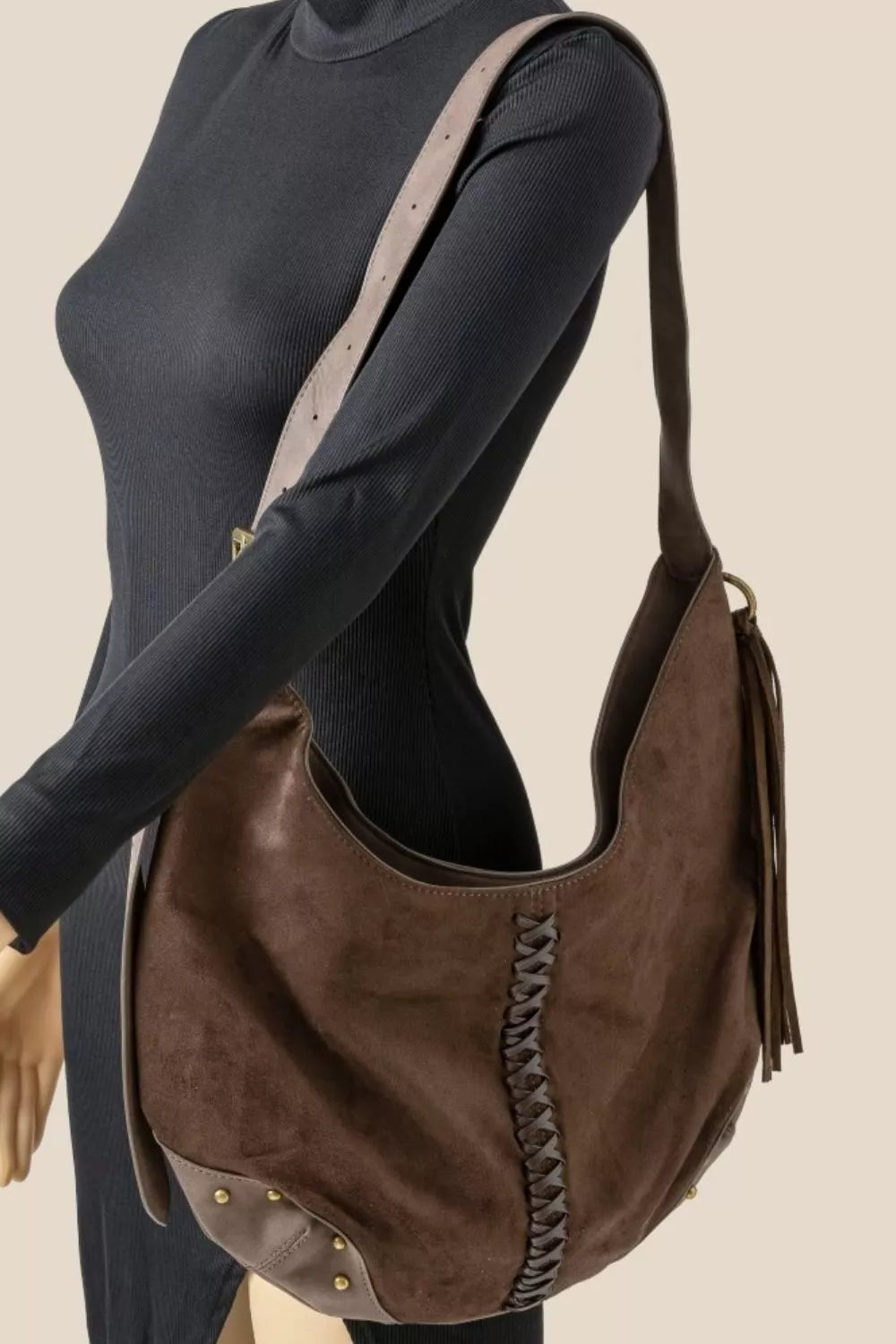 Fame Braided Detail Hobo Shoulder Bag DBR / One Size 