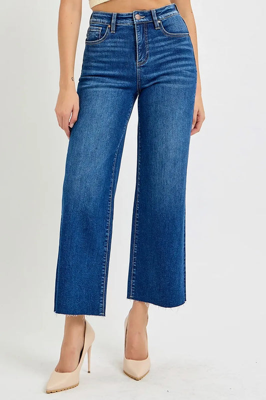 RISEN Full Size Tummy Control High Rise Wide Crop Jeans Plus Size DARK / 0 