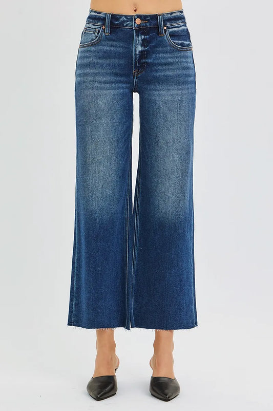 RISEN Full Size Mid Rise Crop Wide Raw Cut Hem Jeans Plus Size DARK / 0 