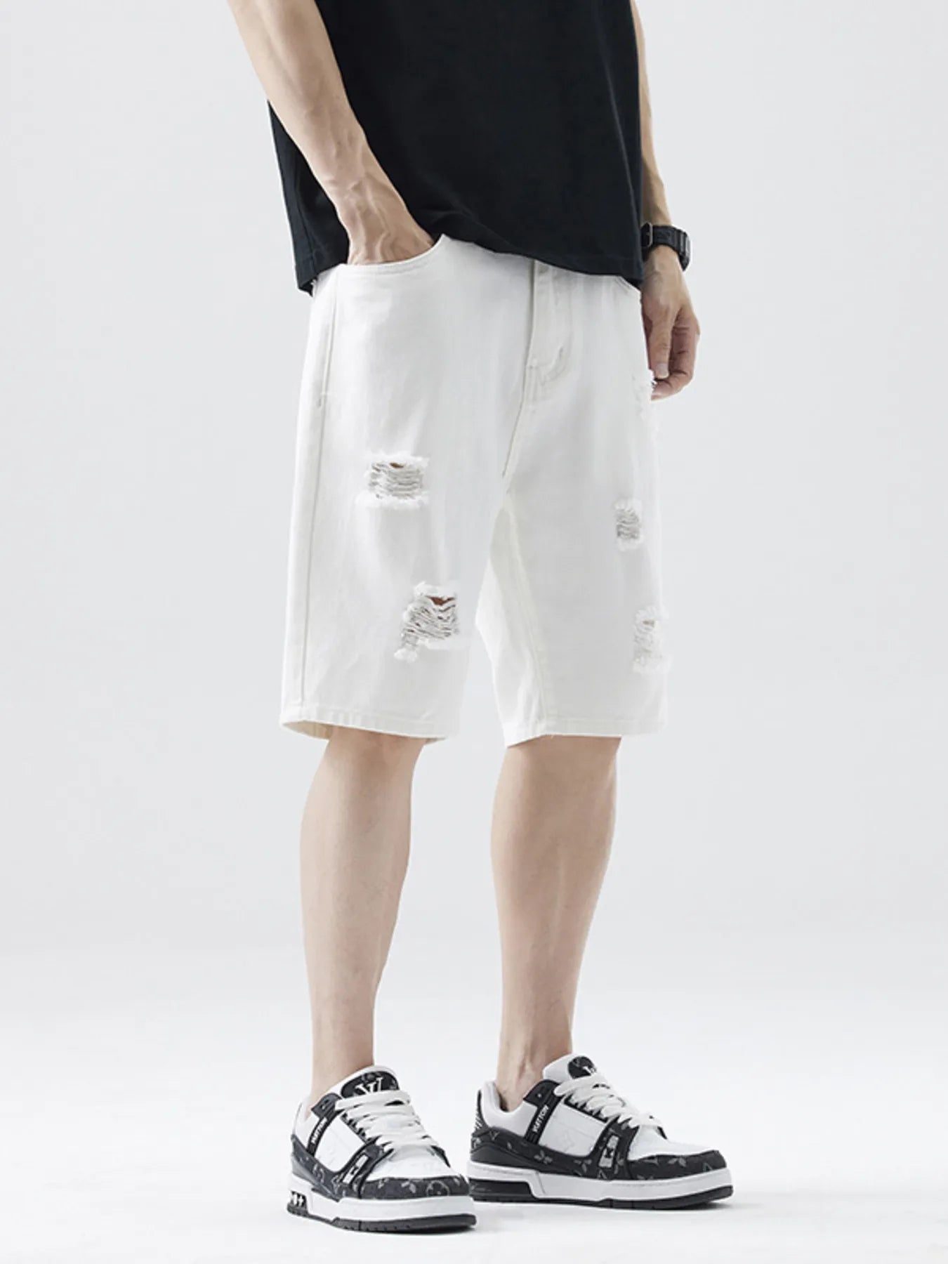 Men's Distressed Denim Shorts Ivory / 28 