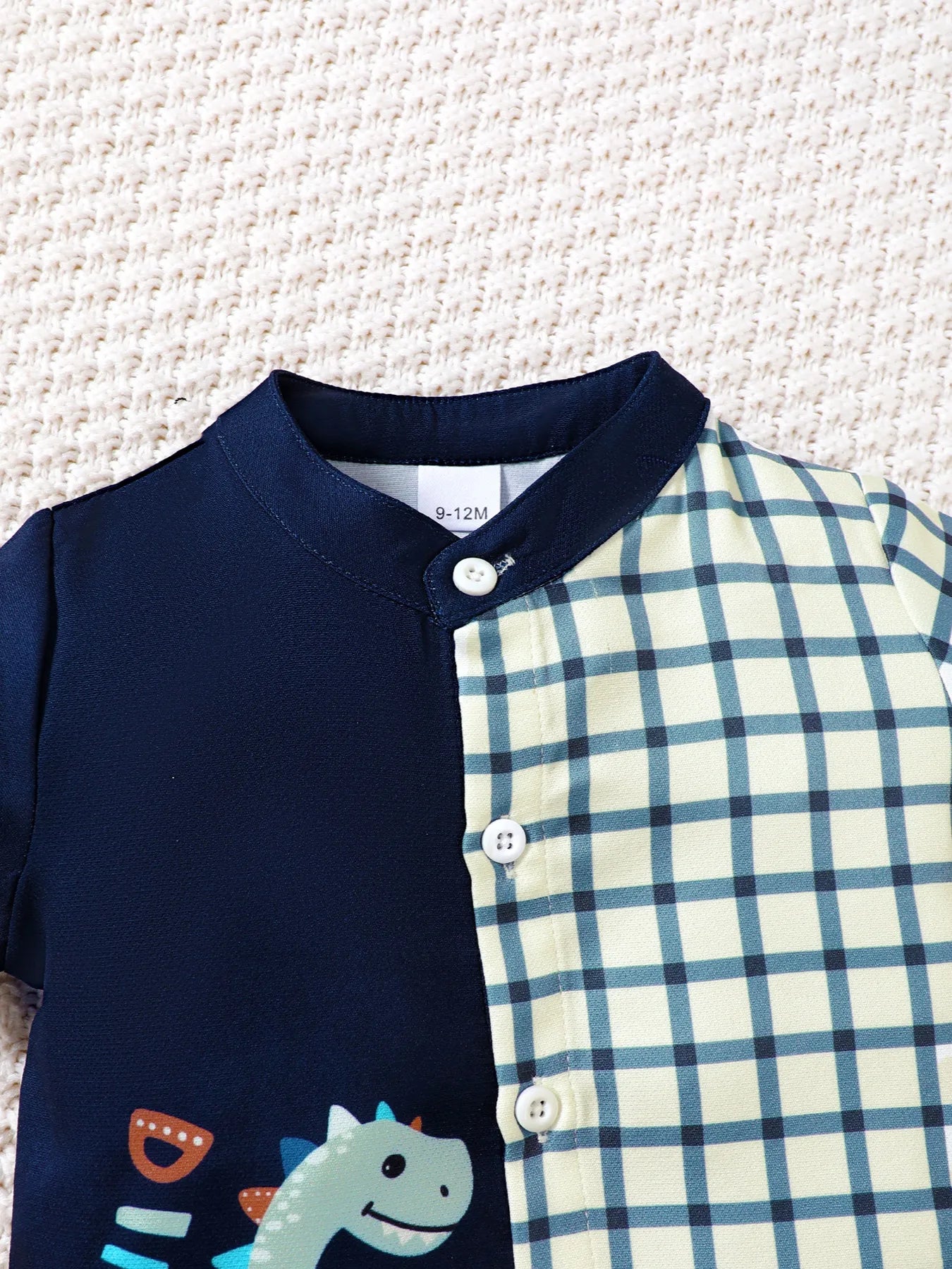 Children's Hat Dinosaur Plaid Button Up Top and Shorts 3-Piece Set Dark Navy / 6-9M 