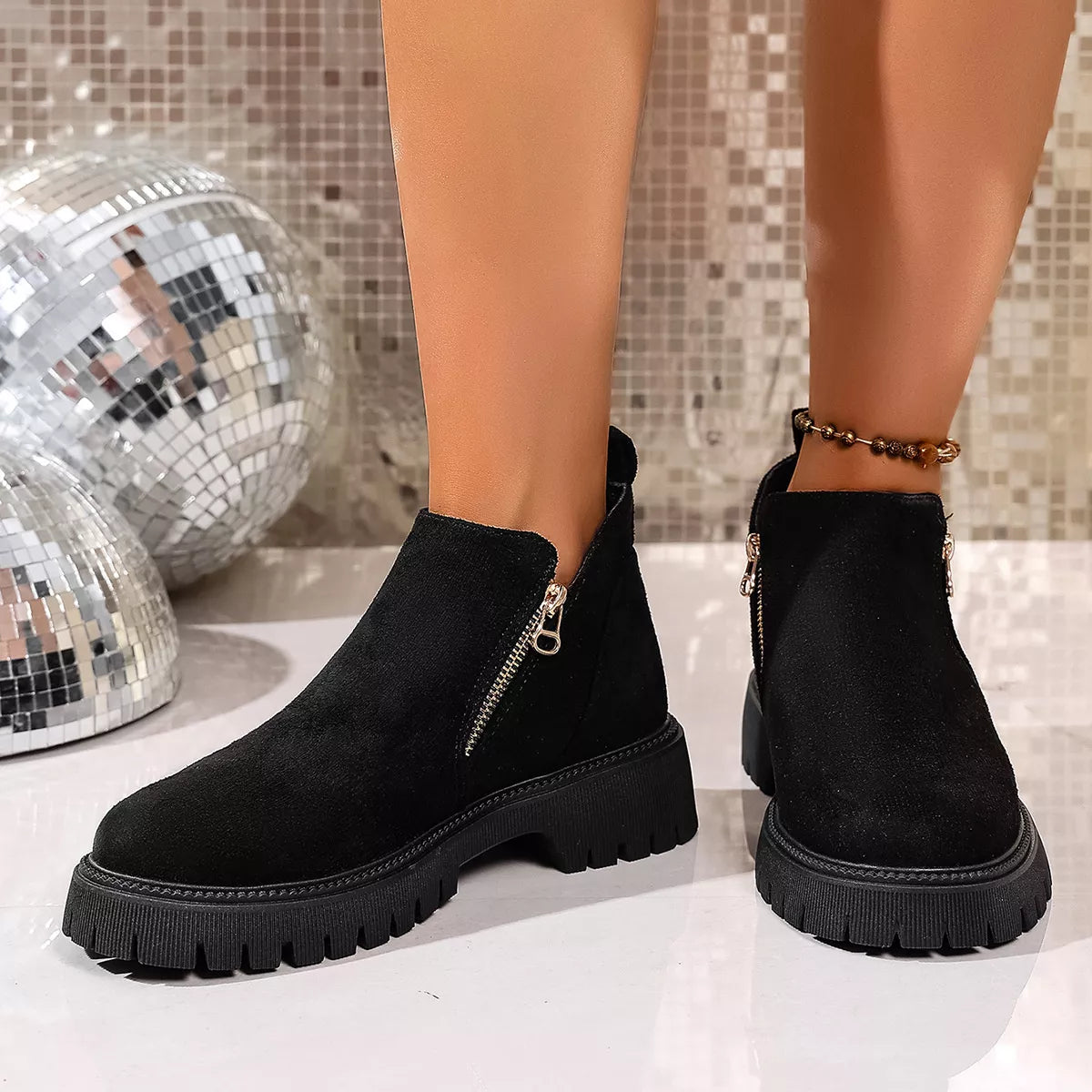 Round Toe Side Zip Ankle Boots Ivory / 36 