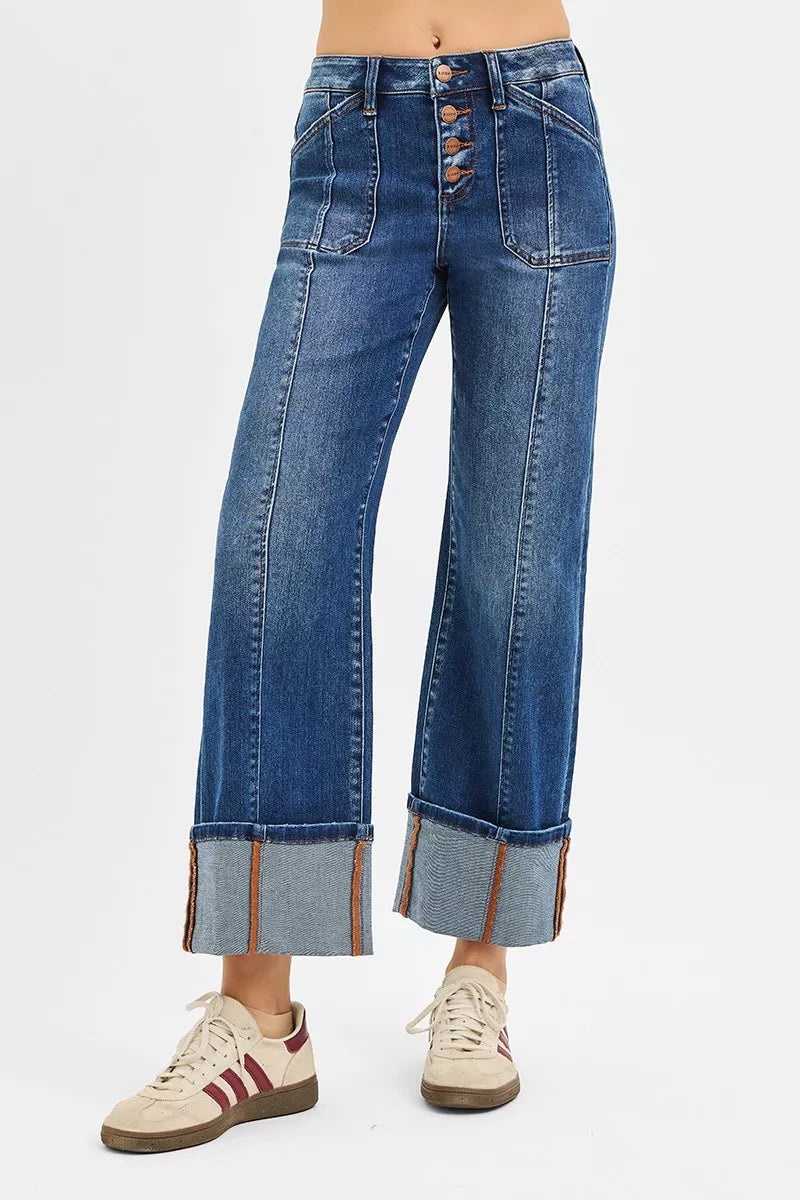 RISEN Full Size High Rise Crop Wide Straight Cuffed Jeans Plus Size DARK / 0 
