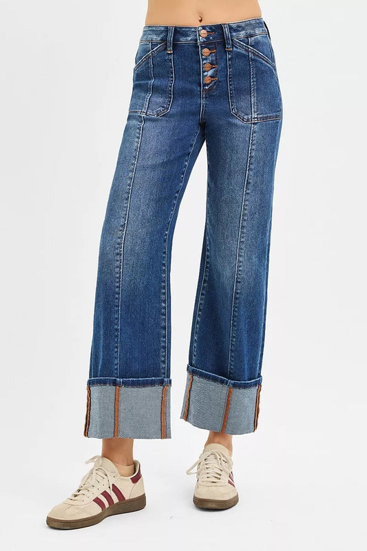 RISEN Full Size High Rise Crop Wide Straight Cuffed Jeans Plus Size DARK / 0 