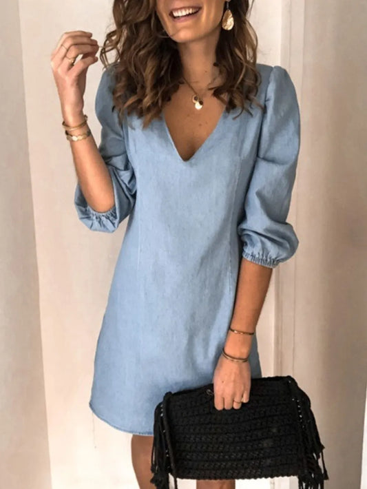 Full Size V-Neck Half Sleeve Dress Light Blue / S 