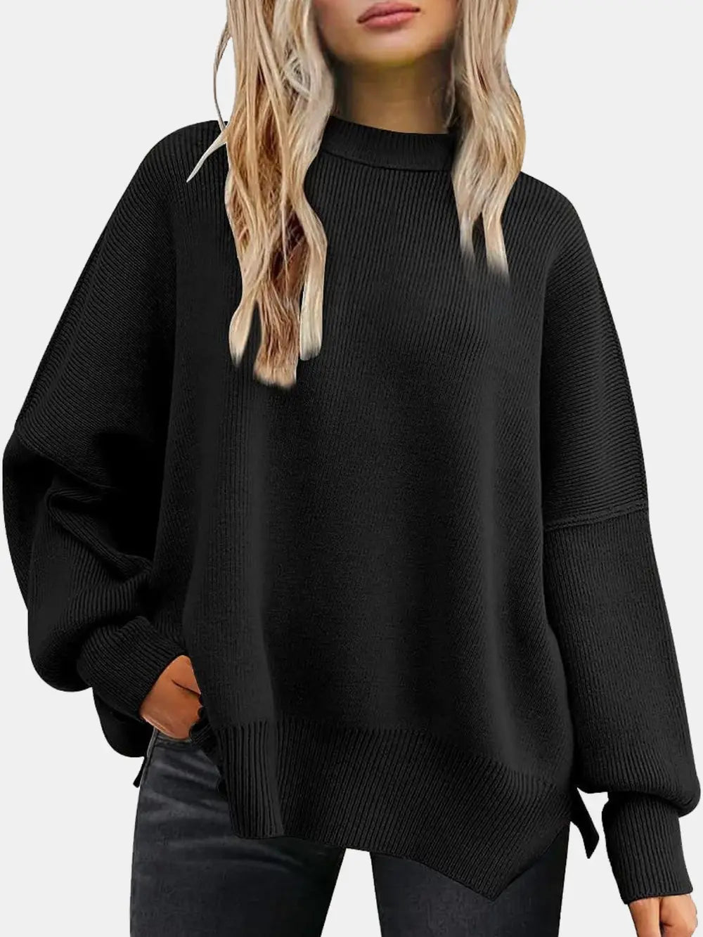 Round Neck Drop Shoulder Slit Sweater Sage / S 