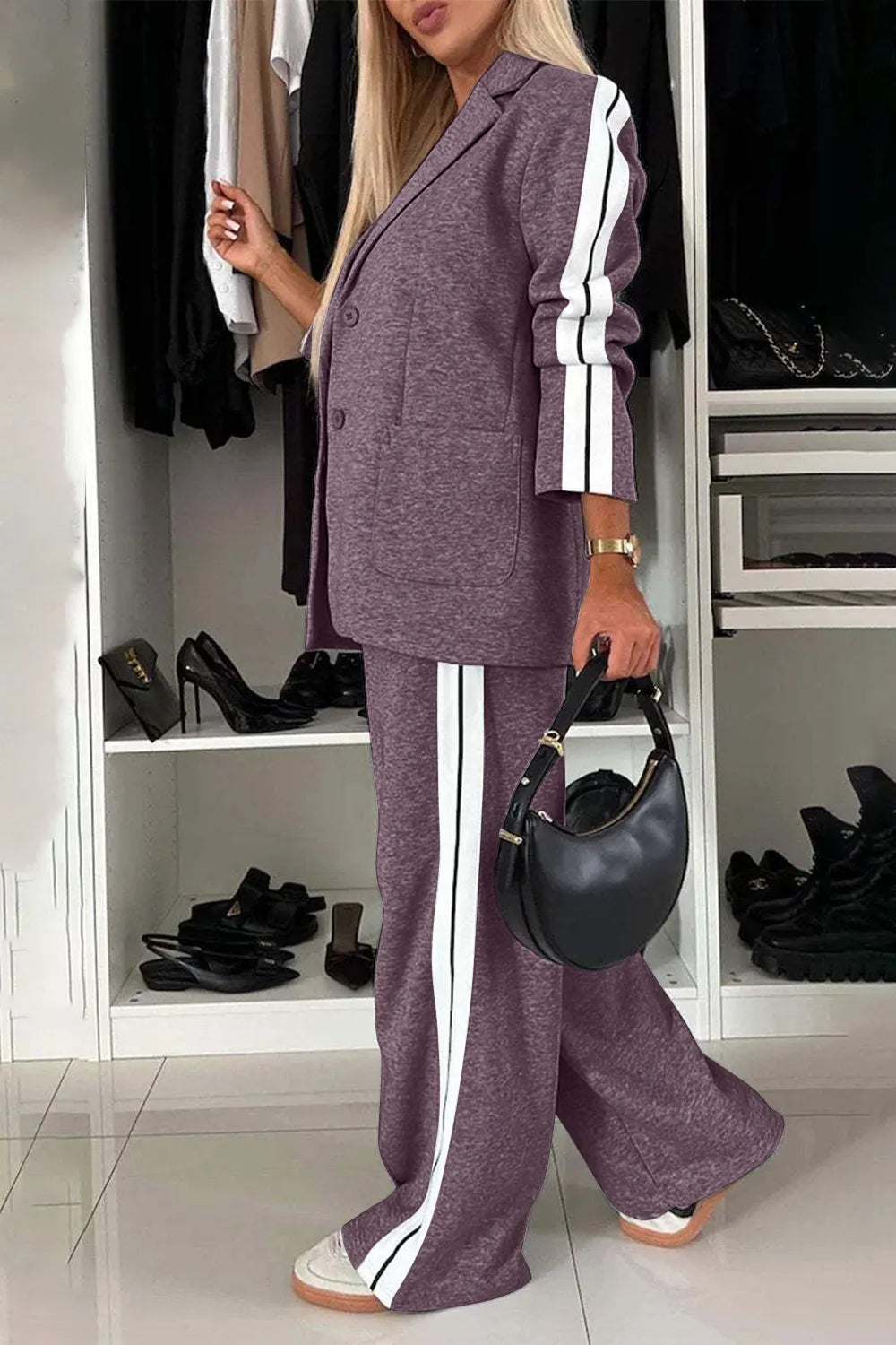 Full Size Contrast Lapel Collar Top and Pants Set Light Gray / S 