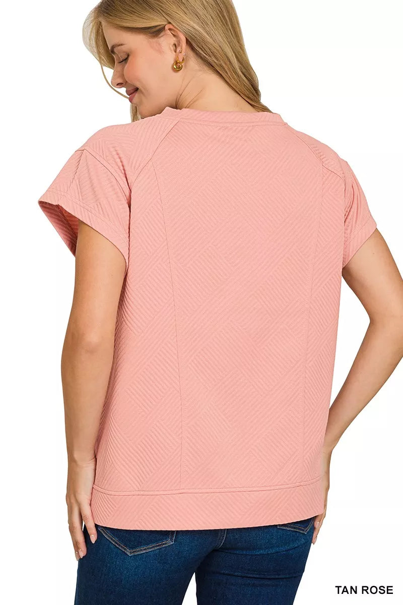 Zenana Textured Knit Jacquard Short Sleeve Top TAN ROSE / S 