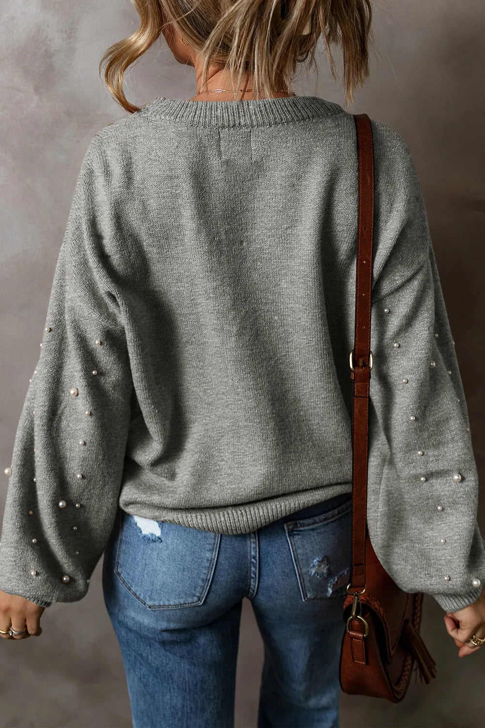 Pearl Detail Round Neck Long Sleeve Sweater Black / S 