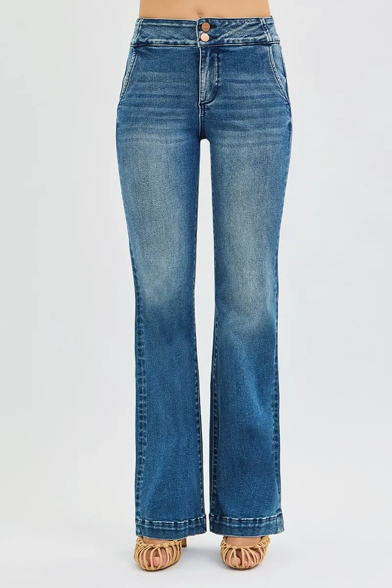 RISEN Full Size Tummy Control High Rise Bootcut Jeans with Double Button Waistband Plus Size DARK / 0 