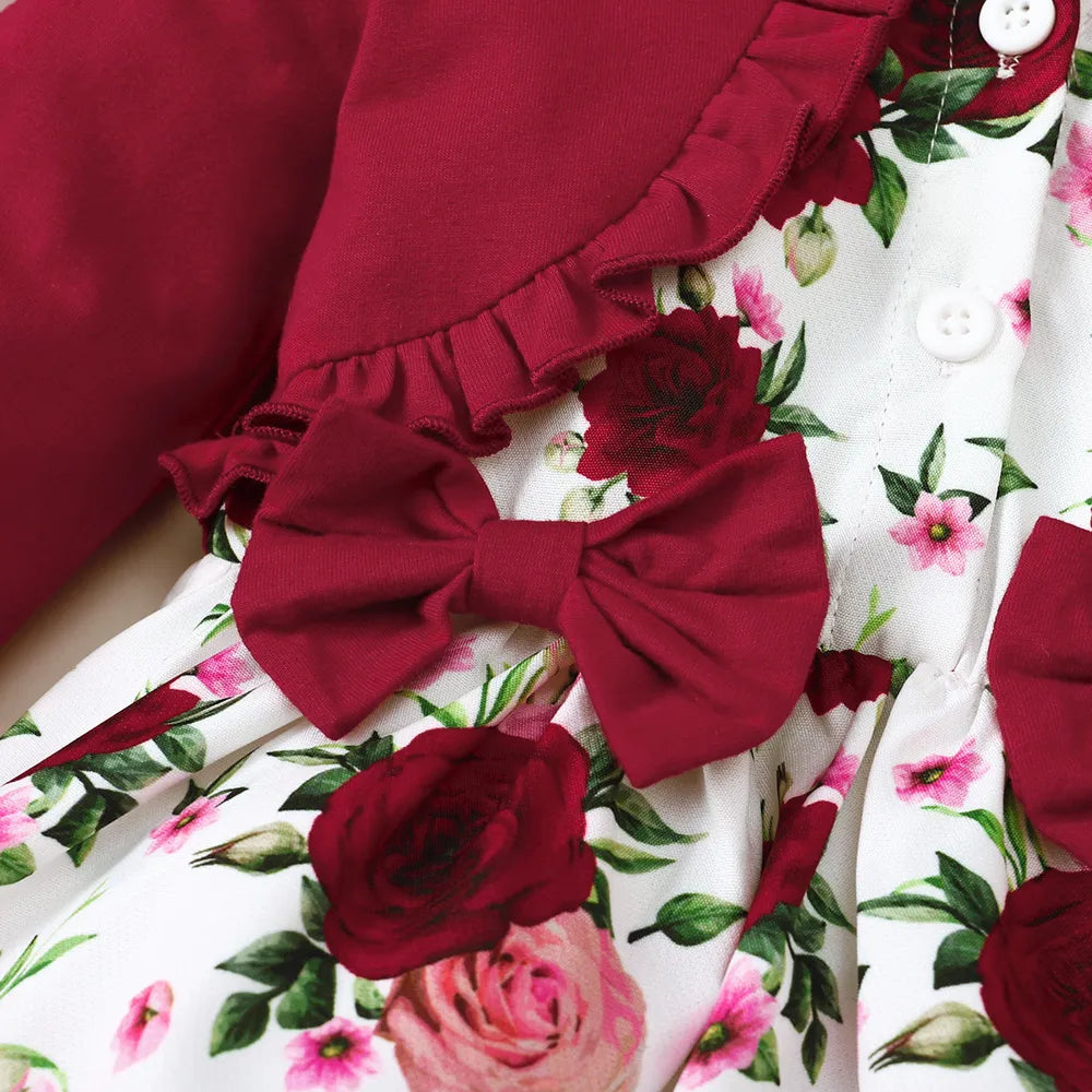 Frill Floral Round Neck Flounce Sleeve Dress Deep Red / 6-9M 