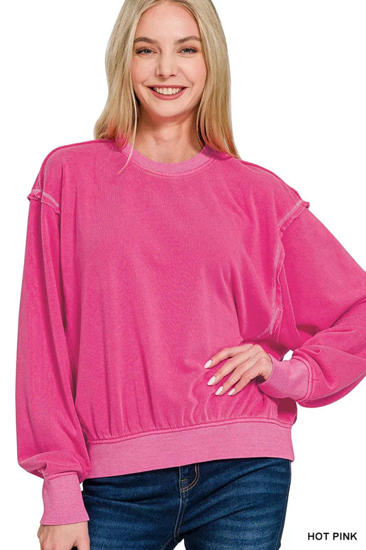 Zenana Soft Fleece Pigment Dye Round Neck Pullover HOT PINK / S 