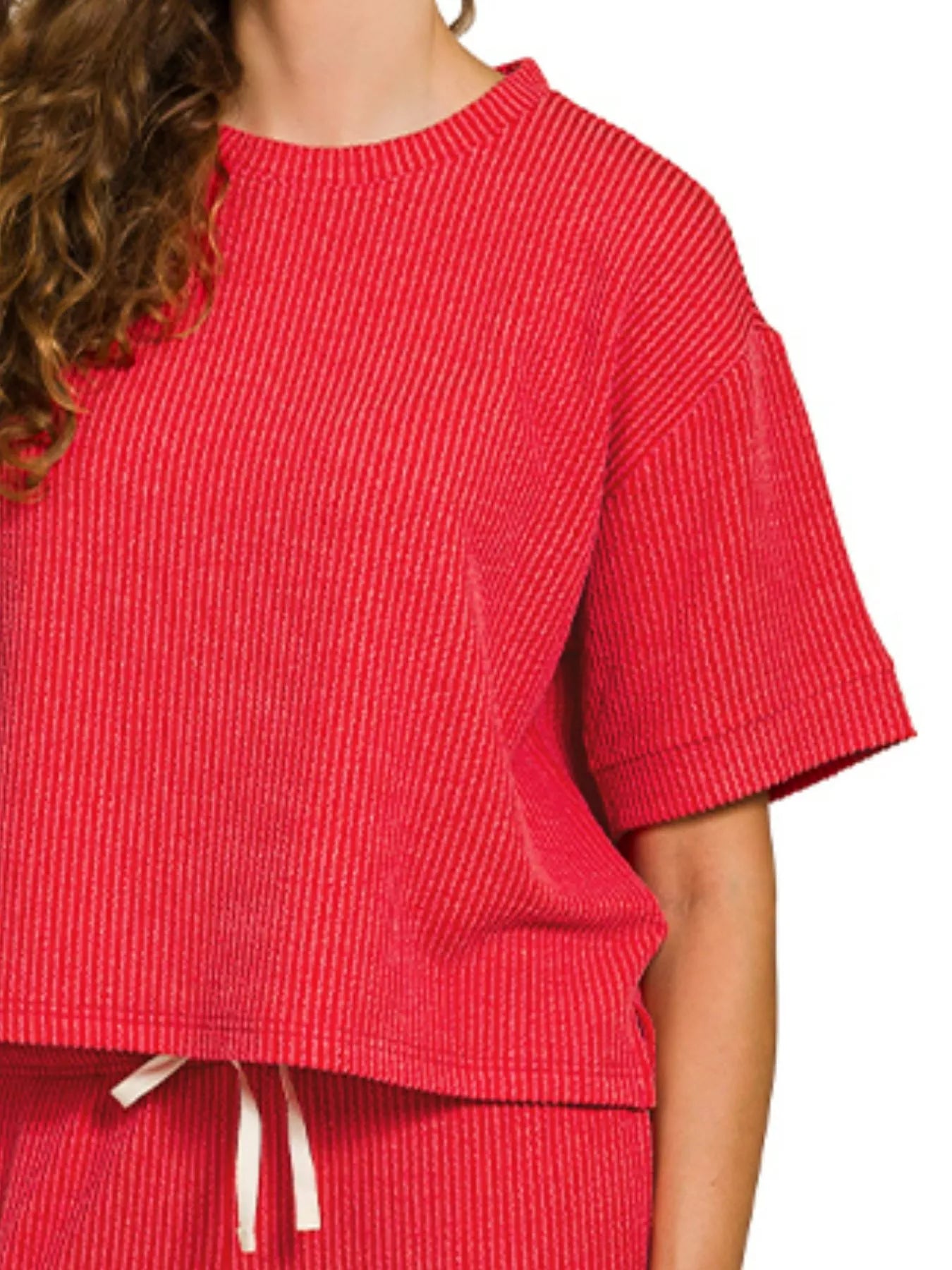 Zenana Raised Rib Short Sleeve Tee & Pants Set RUBY / S 