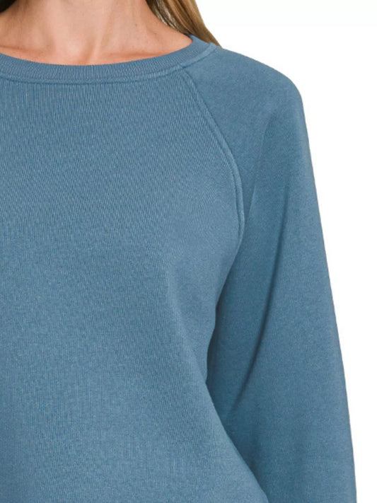 Zenana Fleece Raglan Round-Neck Sweatshirt DUSTY BLUE / S 