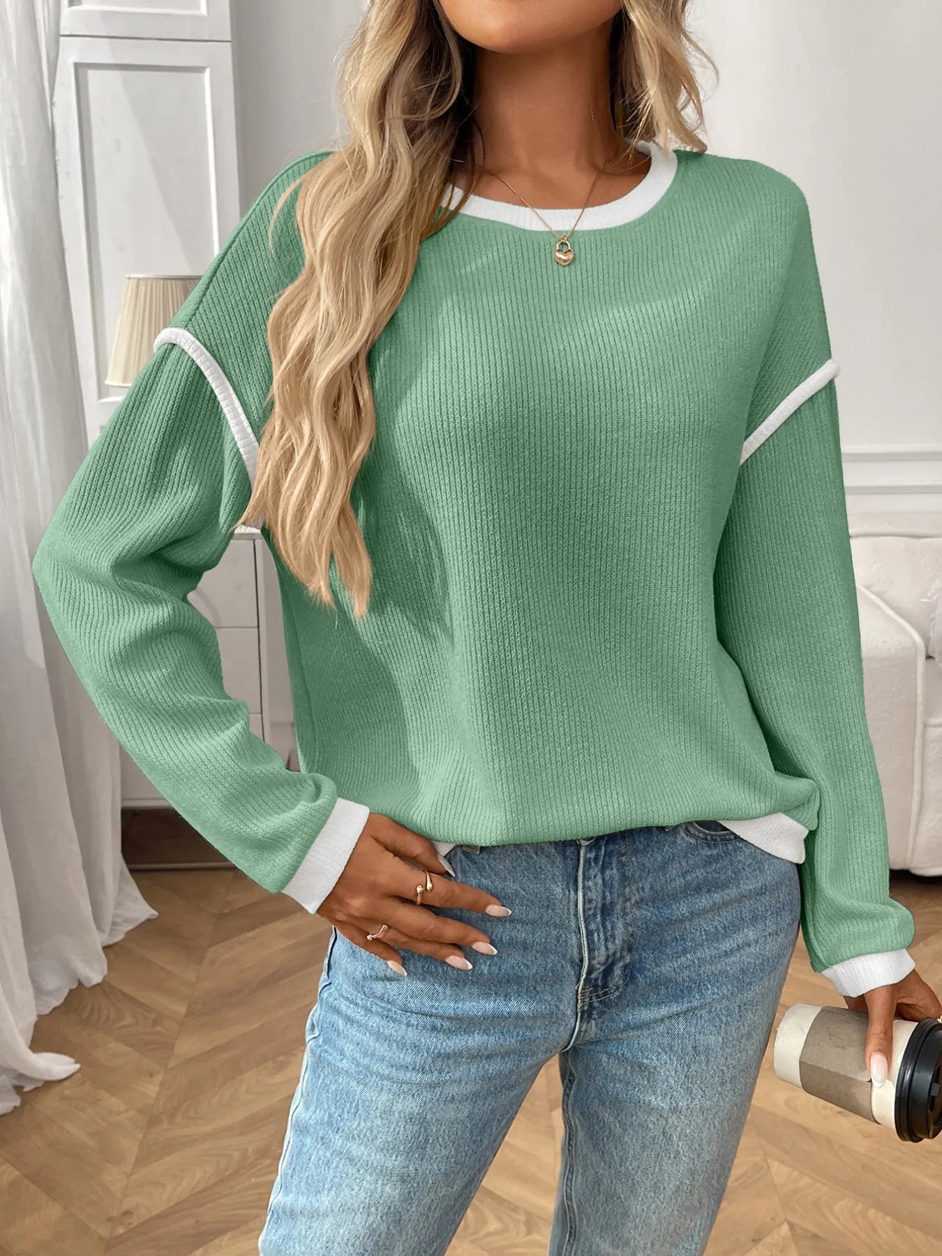 Ribbed Contrast Trim Long Sleeve Top Blush Pink / S 