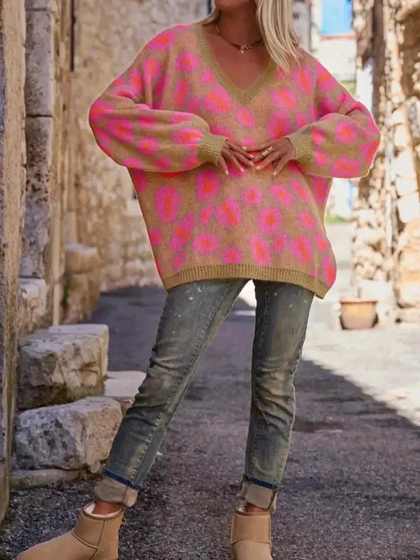 Leopard Oversized V-Neck Sweater Strawberry / S 