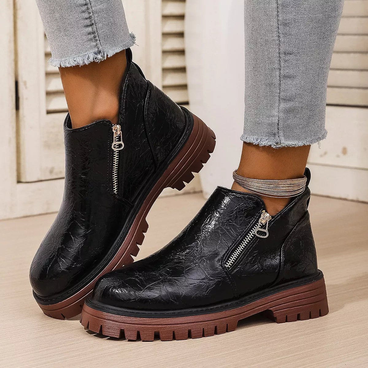 Round Toe Block Heels Boots Black / 36 