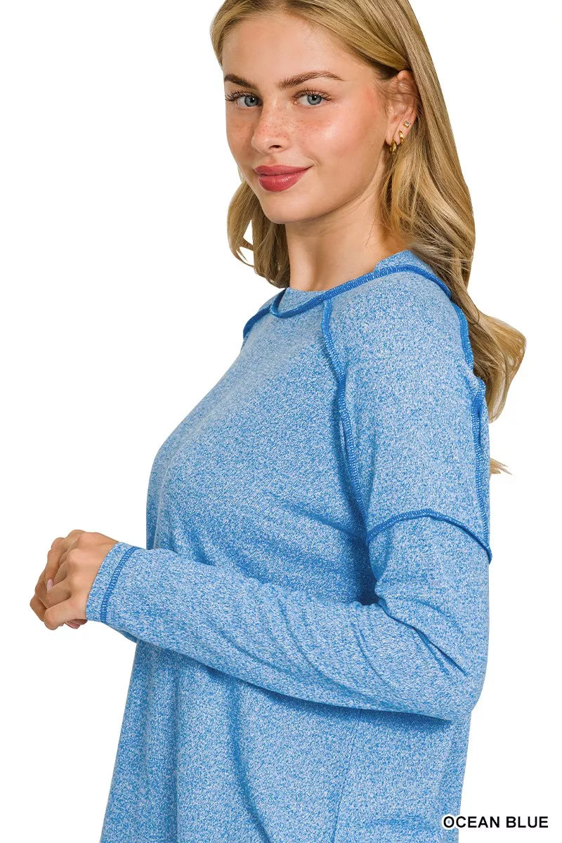Zenana Full Size Melange Hacci Exposed Seam Hi-low Tee Plus Size OCEAN BLUE / S/M 