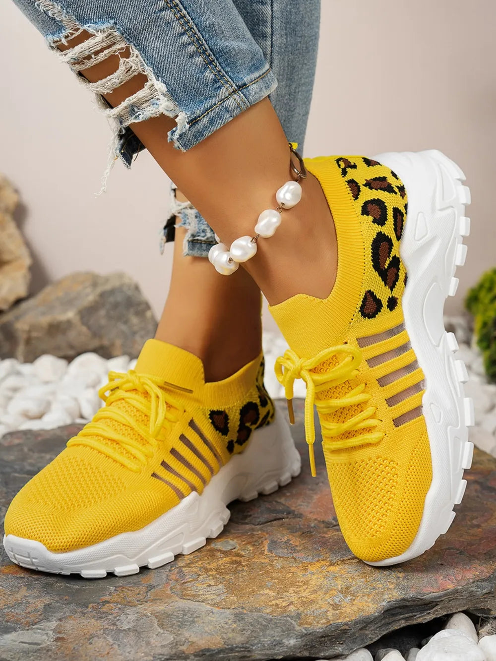 Cutout Leopard Lace Up Mesh Athletic Black / 36(US5) 