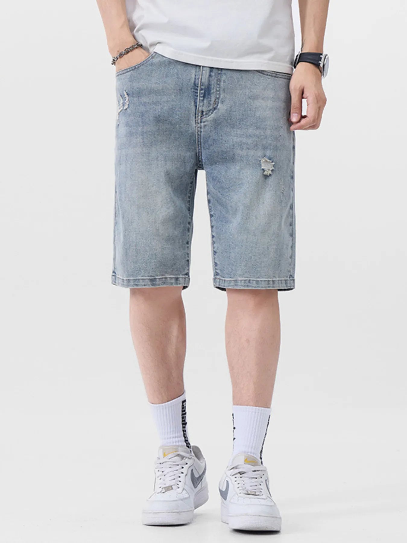 Men's Distressed Denim Shorts Light Blue / 28 