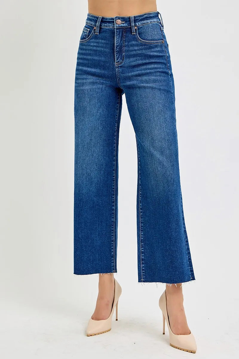 RISEN Full Size Tummy Control High Rise Wide Crop Jeans Plus Size DARK / 0 
