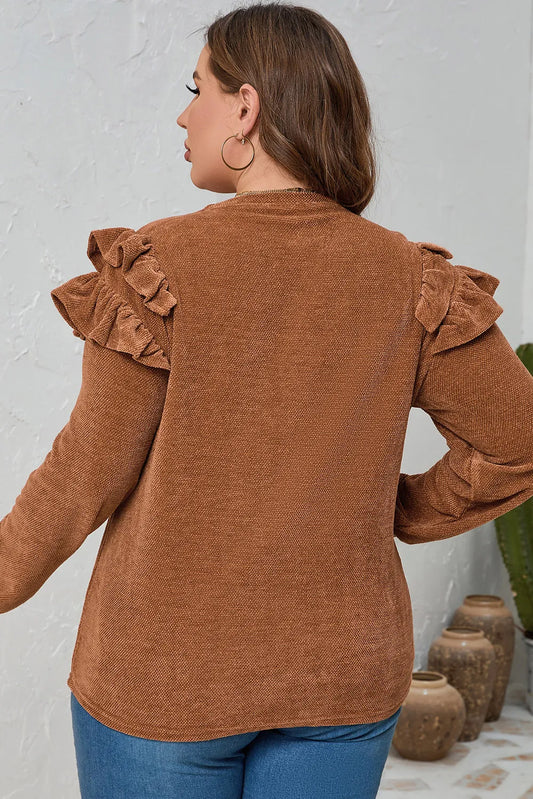Plus Size Ruffled Round Neck Long Sleeve T-Shirt Caramel / 1XL 
