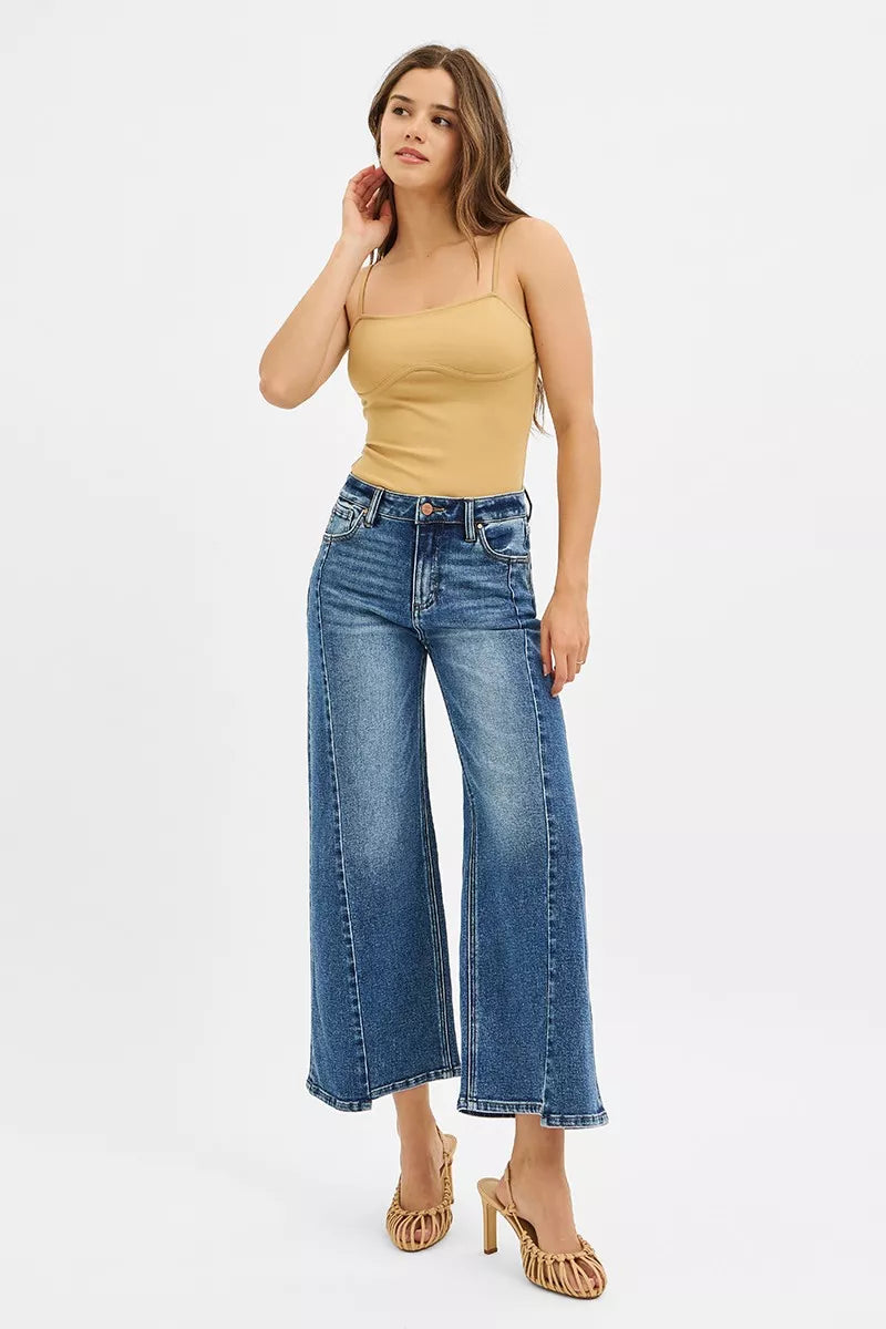 RISEN High Rise Crop Wide Leg Jeans with Step Hem DARK / 0 