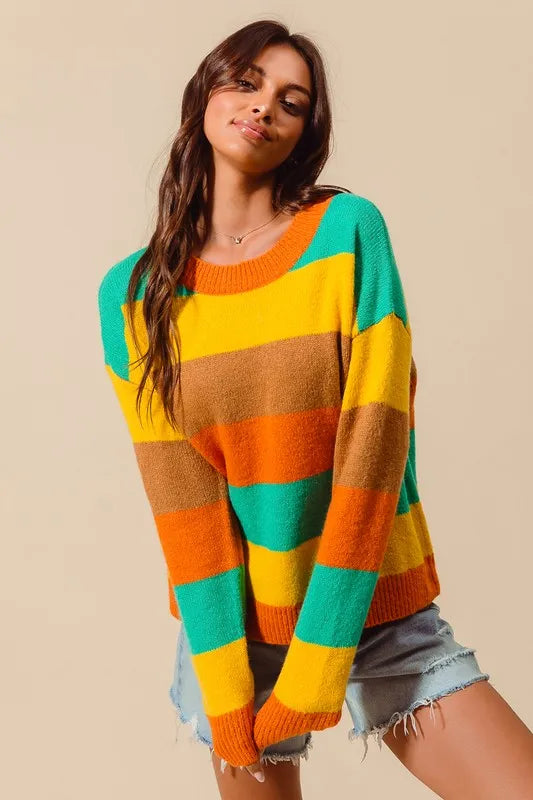 SO ME Multi Color Stripe Sweater with Ribbed Detail RUS/JAD/MUST/COFF / S 