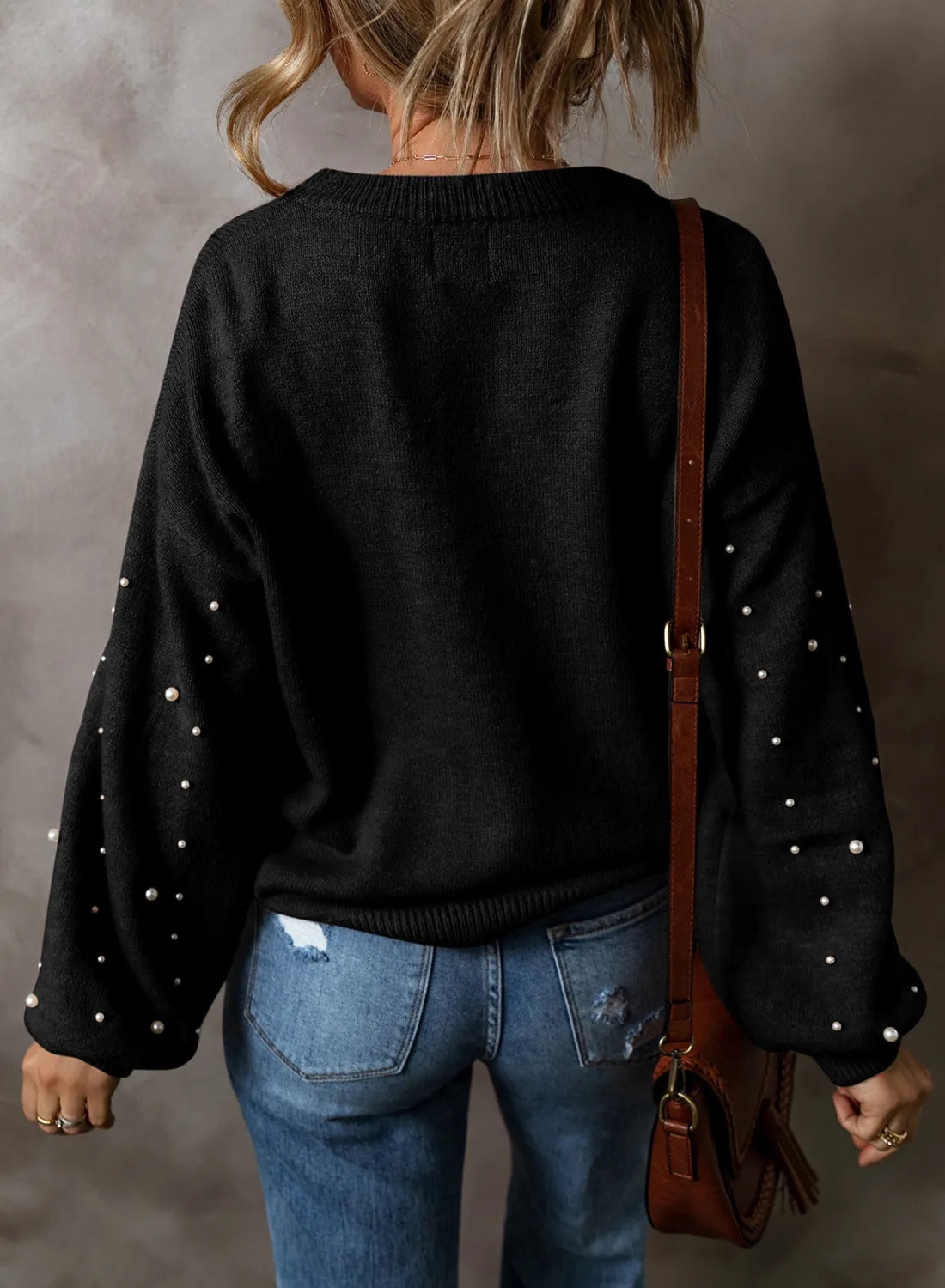 Pearl Detail Round Neck Long Sleeve Sweater Black / S 