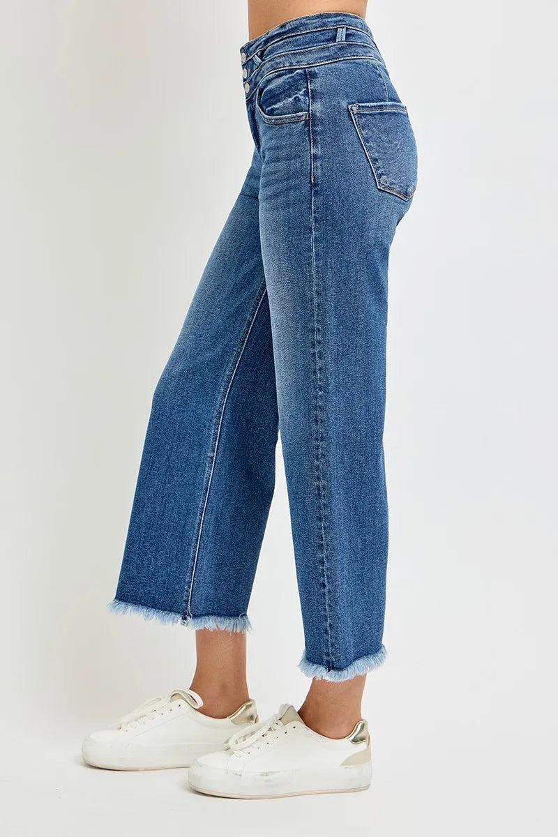 RISEN High Rise Crop Wide Leg Jeans with Wide Band Detail DARK / 0 