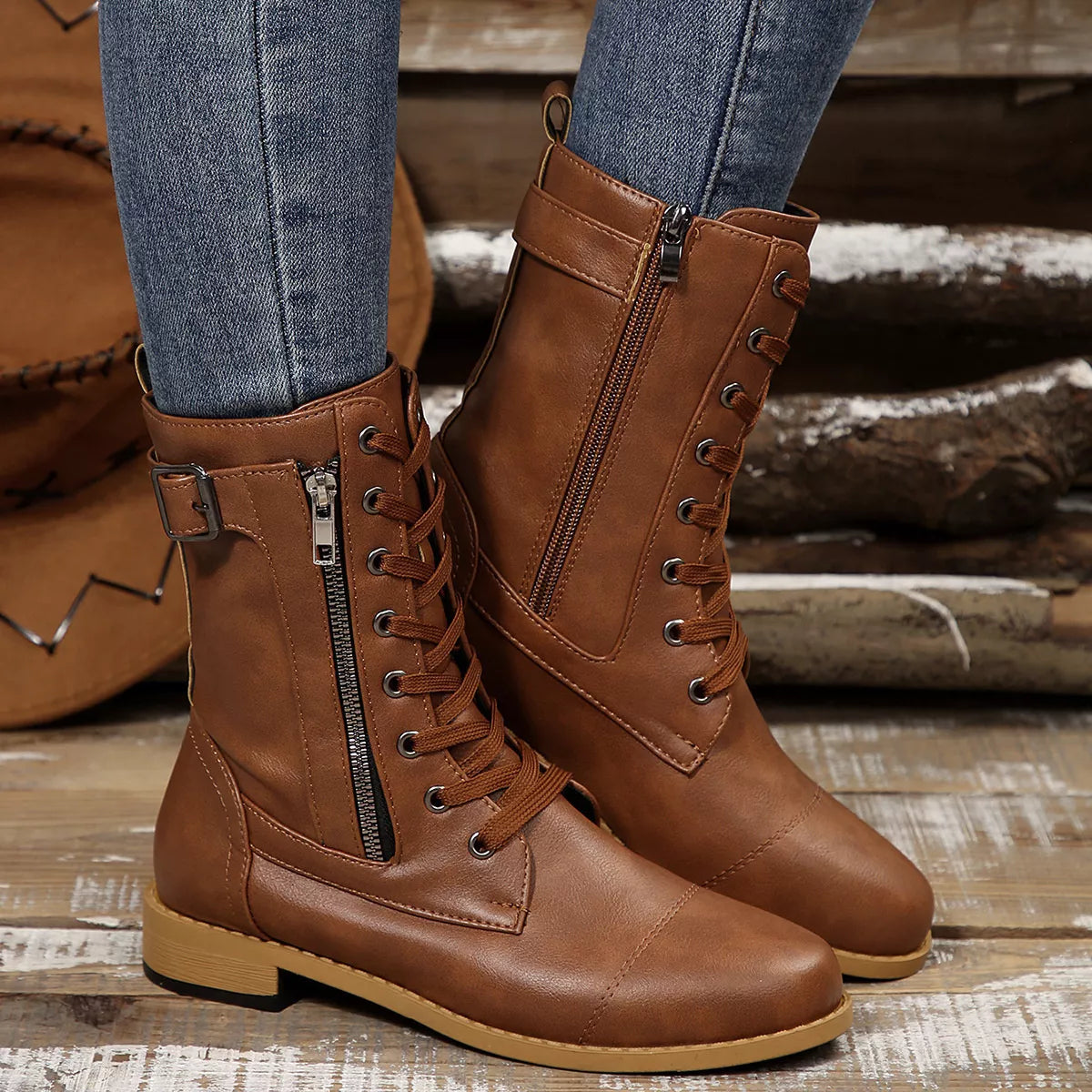 Round Toe Block Heels Boots Brown / 36 