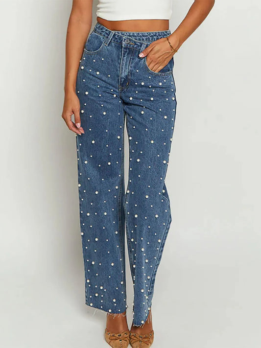 Pearl Embellished High Waist Straight Leg Jeans Blue / XS 