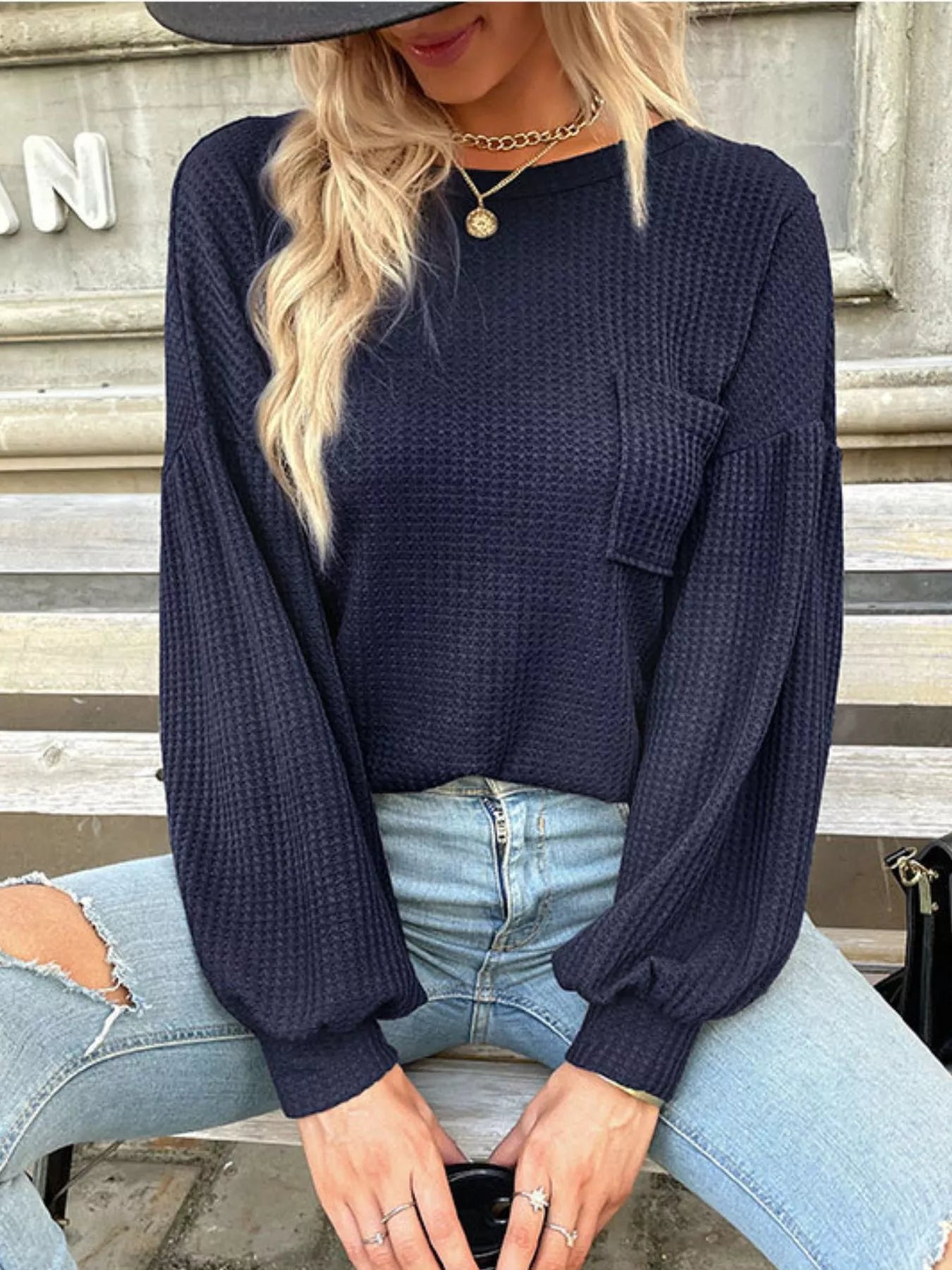 Waffle Knit Round Neck Top Gray / S 