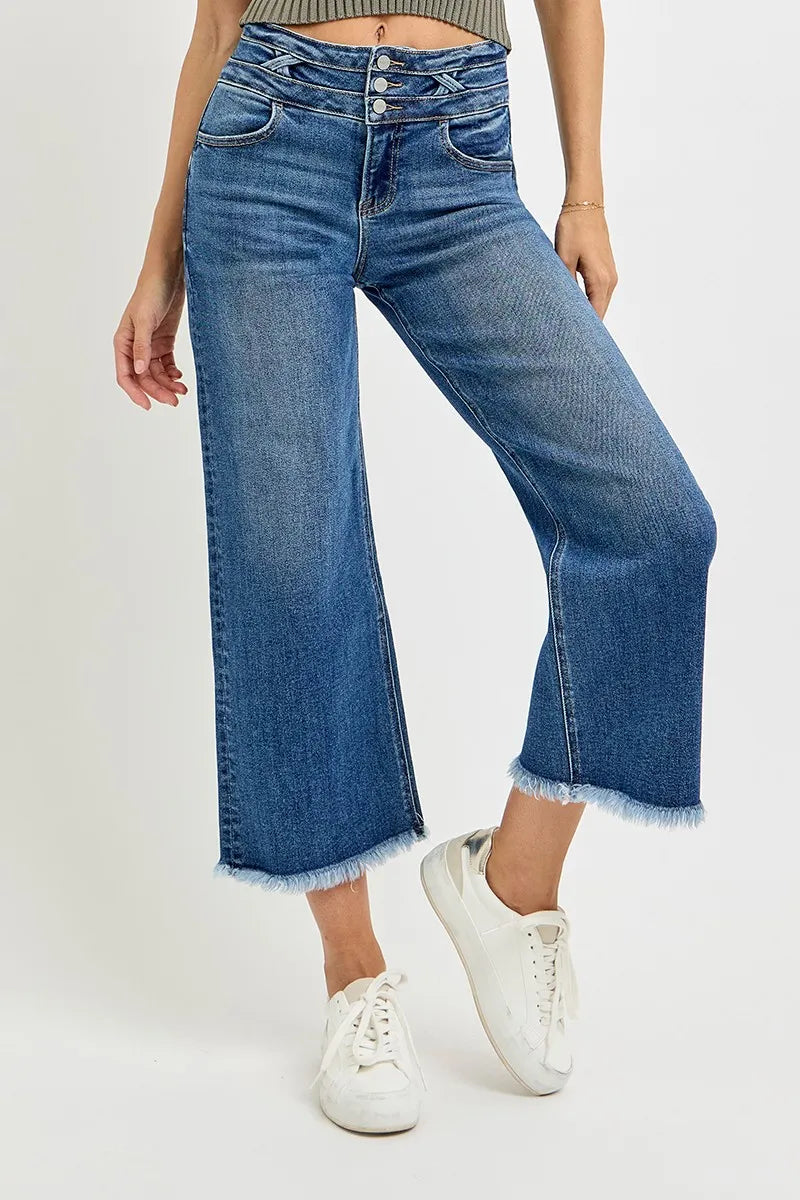 RISEN High Rise Crop Wide Leg Jeans with Wide Band Detail DARK / 0 