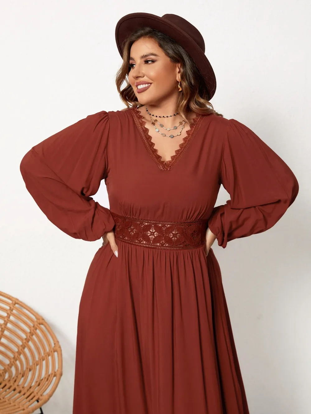 Plus Size Lace Detail V-Neck Balloon Sleeve Dress Brown / 0XL 