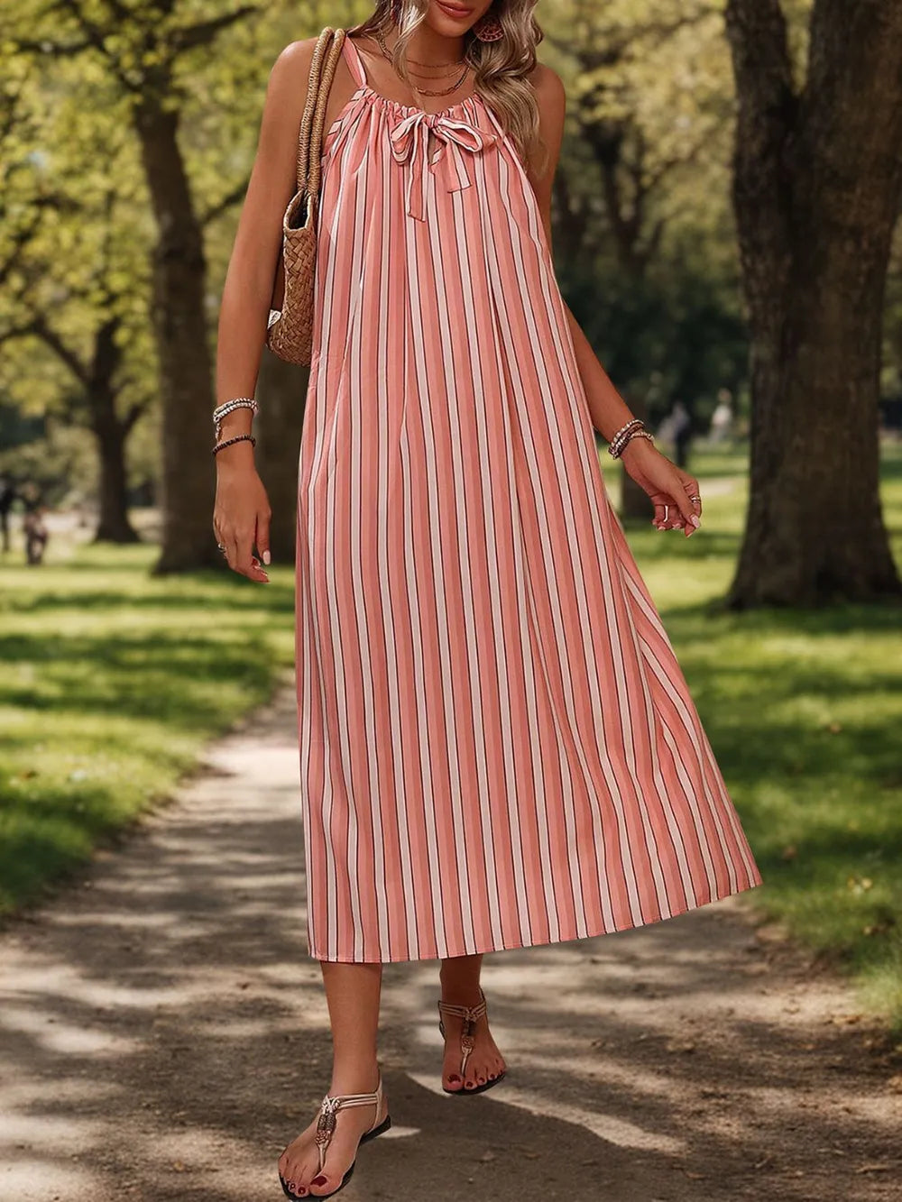 Perfee Striped Tie Neck Midi Cami Dress Burnt Coral / S 