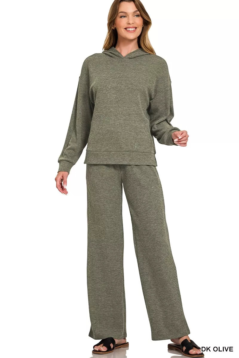 Zenana Ribbed Long Sleeve Hoodie DK OLIVE / S 