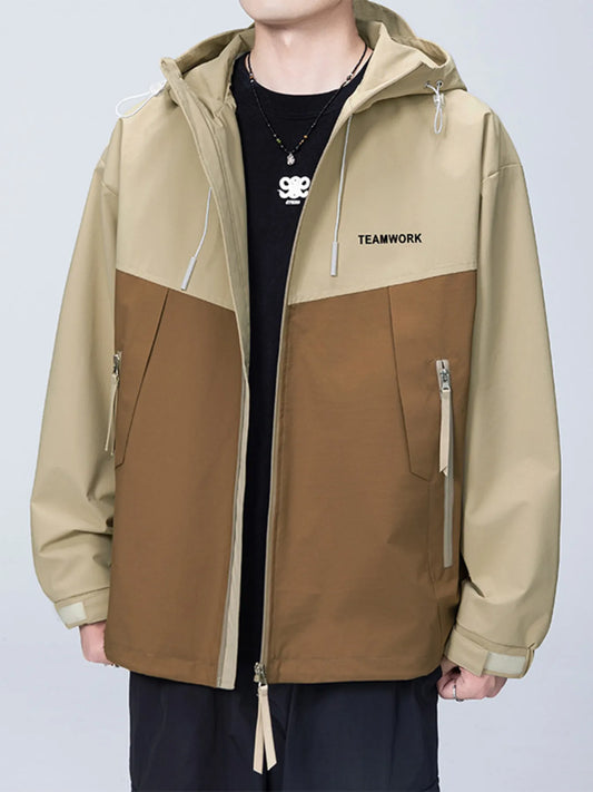 Men's Full Size Contrast Zip Up Long Sleeve Jacket Plus Size Camel / S 