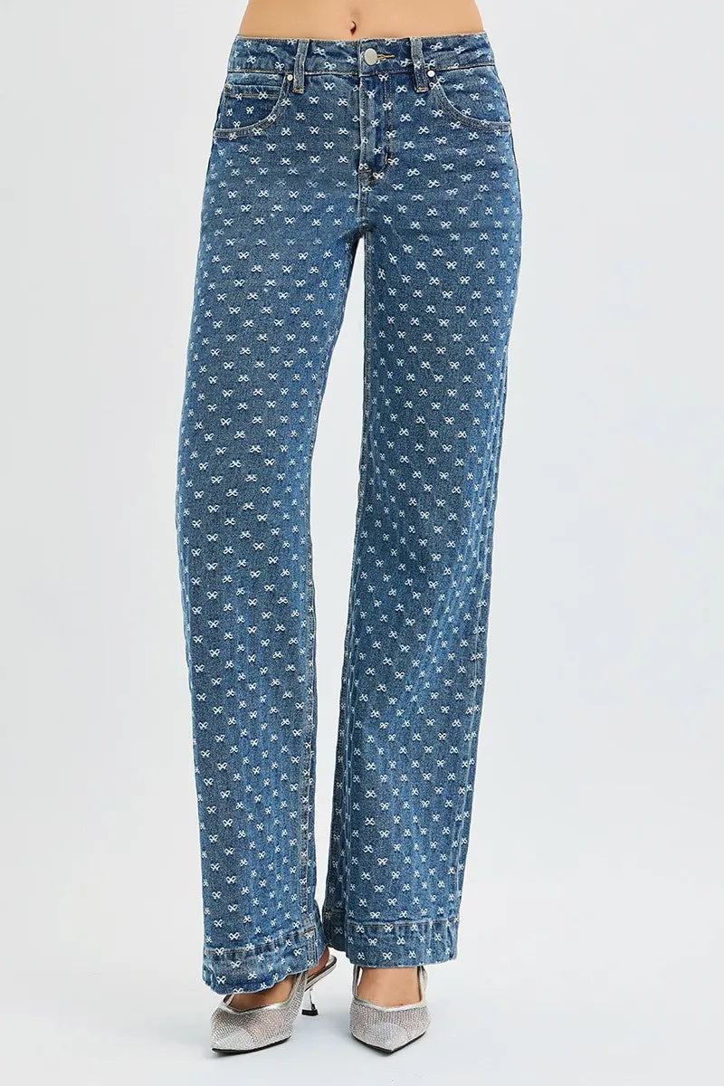 RISEN High Rise Wide Leg Bow Embroidered Jeans DARK / 0 