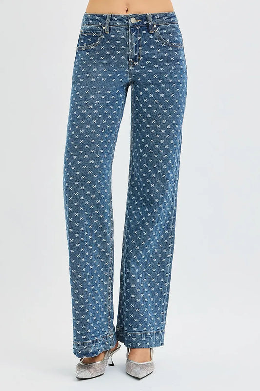 RISEN High Rise Wide Leg Bow Embroidered Jeans DARK / 0 