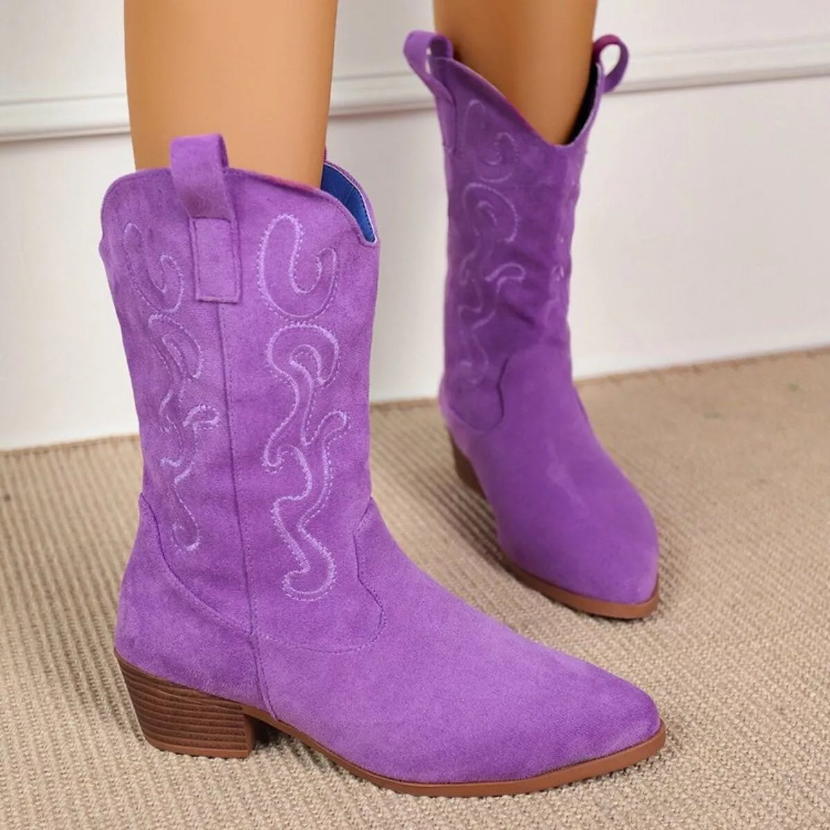 Point Toe Block Heels Boots Purple / 36 